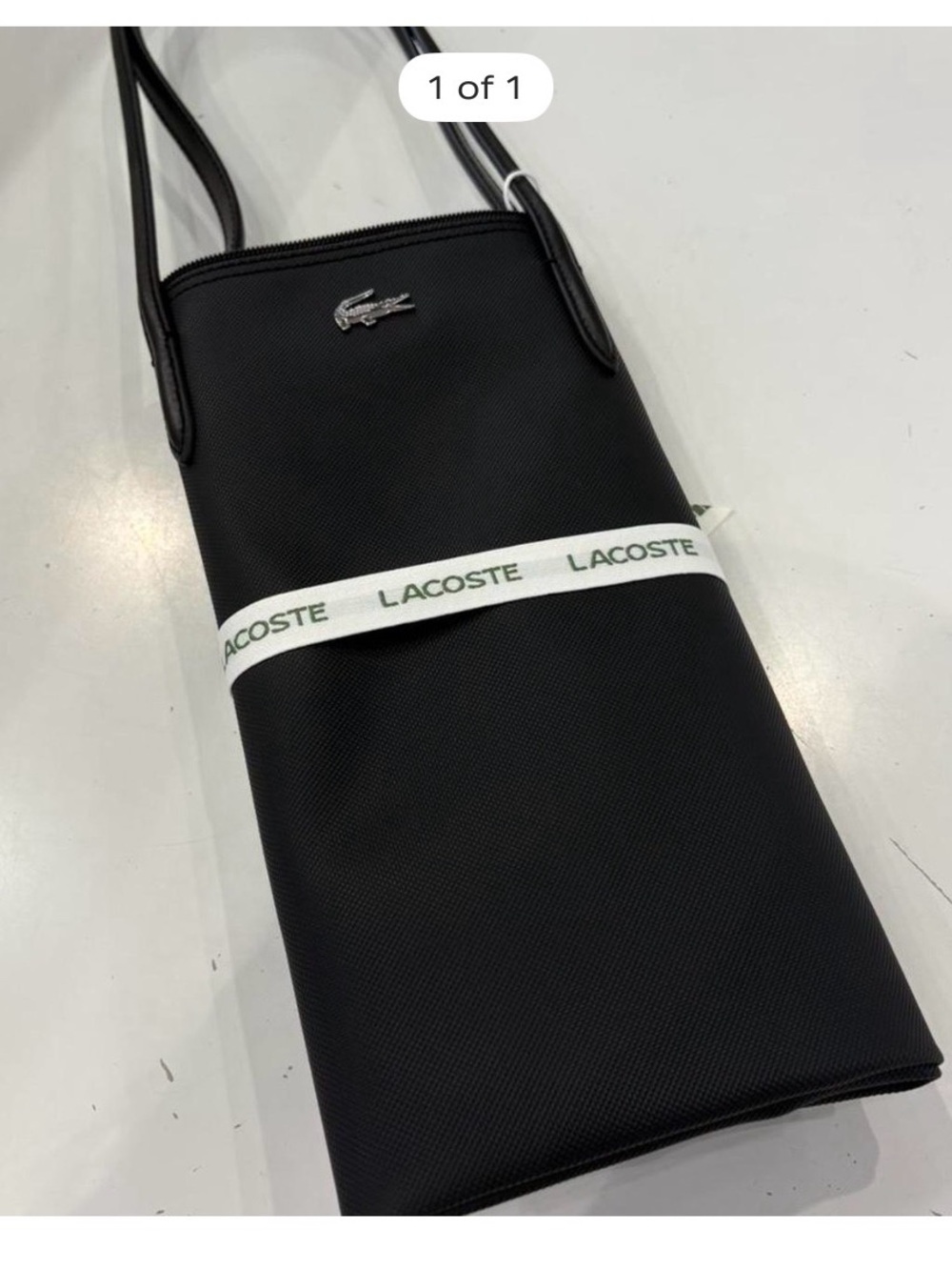 Lacoste Black Vertical Crossbody Bag with Silver Croc Accent